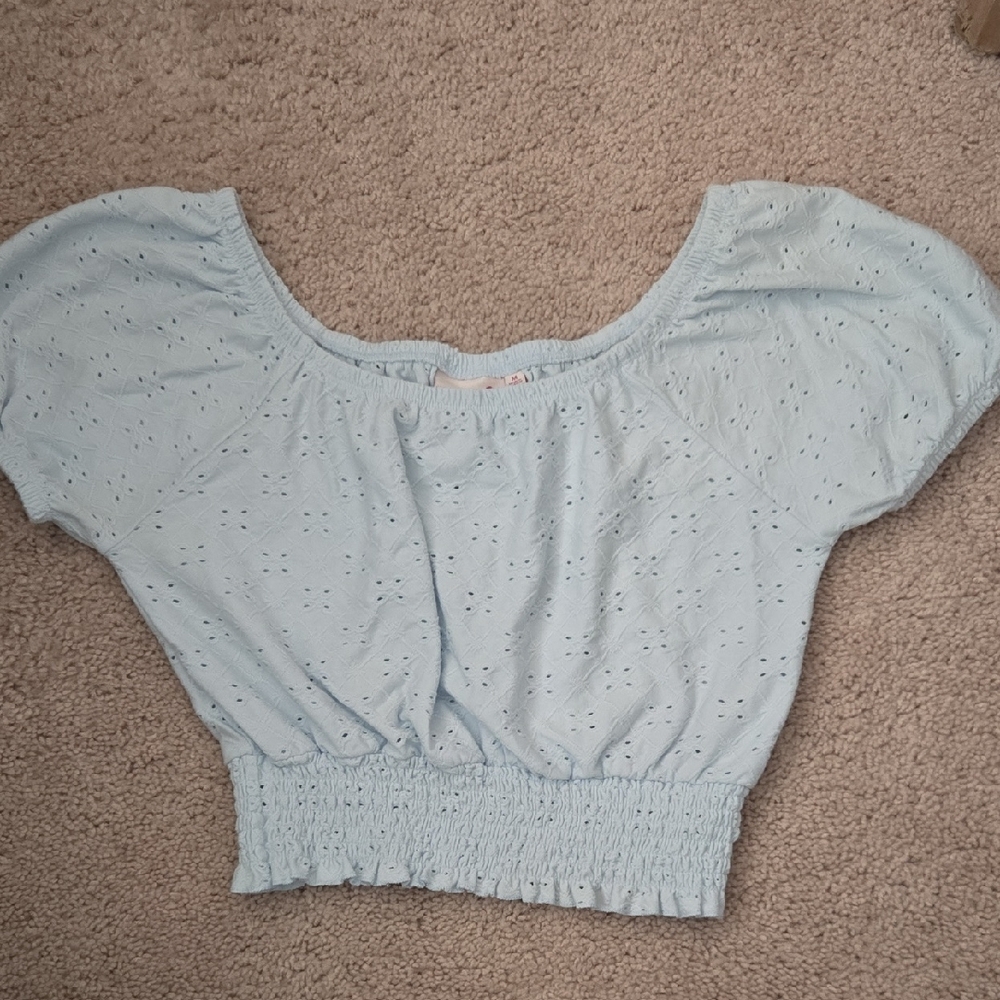 SO Pale Blue Eyelet Smocked Crop Top